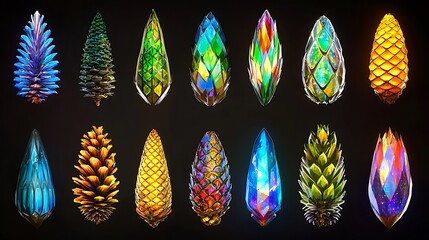 Colorful crystal pine cones, digital art, dark background, fantasy design, ideal for game assets