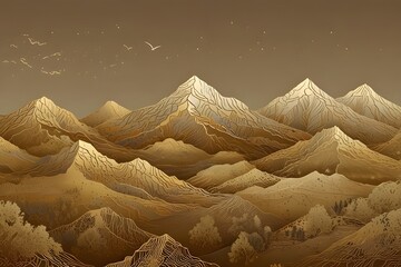 Gold mountain wallpaper design with landscape line arts. Generative AI