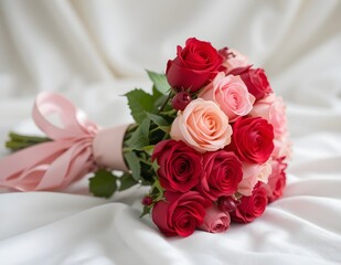 Obraz premium Bouquet of red and pink roses wrapped in soft fabric