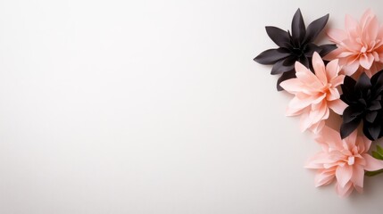 Obraz premium Pink and black paper flowers arranged on white background, leaving copy space, ideal for greeting cards or website banners