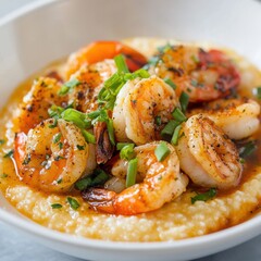 A scrumptious bowl of shrimp and grits with tender shrimp, creamy grits, and a sprinkle of green onions