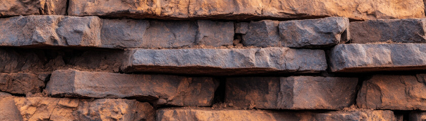 Layered materials forming secure retaining wall, showcasing textured stone surfaces in earthy tones. sturdy construction emphasizes durability and stability