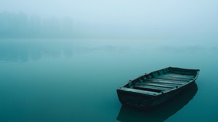 Obraz premium Serene Foggy Lake with Lone Wooden Rowboat