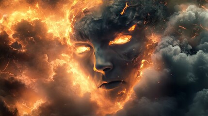 Abstract digital artwork of a firey face with smoke.