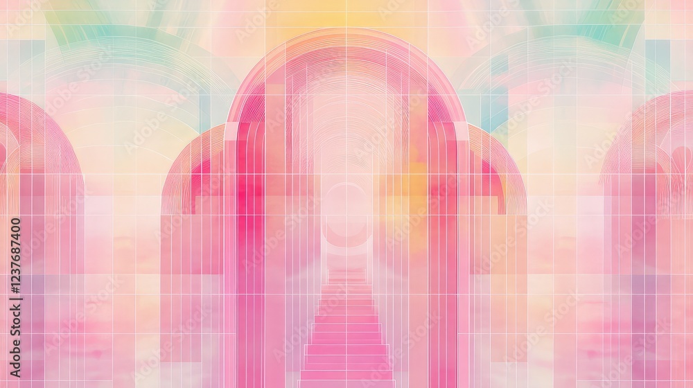 Aufkleber soft pink background with a retro-inspired geometric grid pattern in a futuristic style.