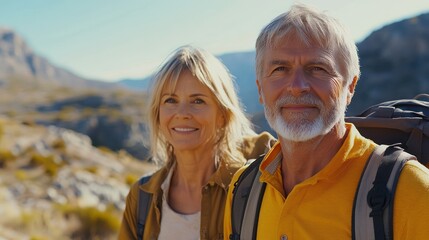 Senior couple hiking mountain, smiling, sunny day