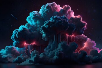 3d rendering, abstract futuristic background with neon geometric shape and stormy cloud on night sky. Generative AI