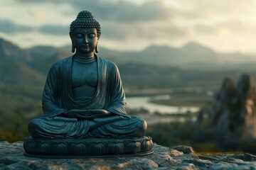 Fototapeta premium Serene Buddha statue at sunset, mountain backdrop, peace
