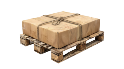 Cardboard box tied with rope resting on wooden pallet with transparent background