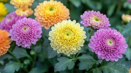 Soft-focus chrysanthemums in pink, yellow, and purple on a smooth background