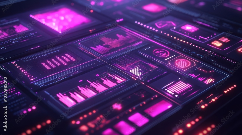 Poster futuristic data analysis screen displaying charts, graphs, and metrics in a dark, digital environmen