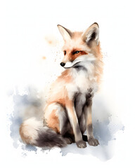 Fototapeta premium Elegant Red Fox in Watercolor Painting, Portrait of a Graceful Woodland Animal with Soft, Artistic Brushstrokes