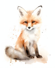 Obraz premium Adorable Red Fox Cub, Watercolor Painting of a Cute Woodland Animal with Soft Colors