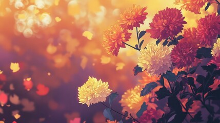Softly lit chrysanthemums in shades of red, yellow, and purple, fall aesthetic