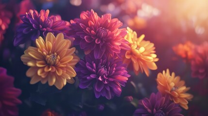 Softly lit chrysanthemums in shades of red, yellow, and purple, fall aesthetic