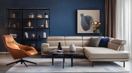 A Stylish Living Room With A Beige Sectional Sofa, Tan Leather Armchair, And Modern Shelving. The Room Is Decorated With Neutral Tones And Tasteful Artwork.  The Vibe Is Calm And Sophisticated.