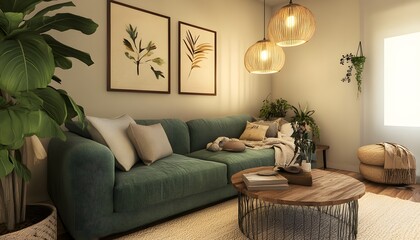 Cozy Living Room Decor With Green Sofa And Plants
