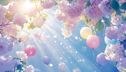 Fototapeta premium Pastel Balloons Float Amongst Blooming Cherry Blossoms