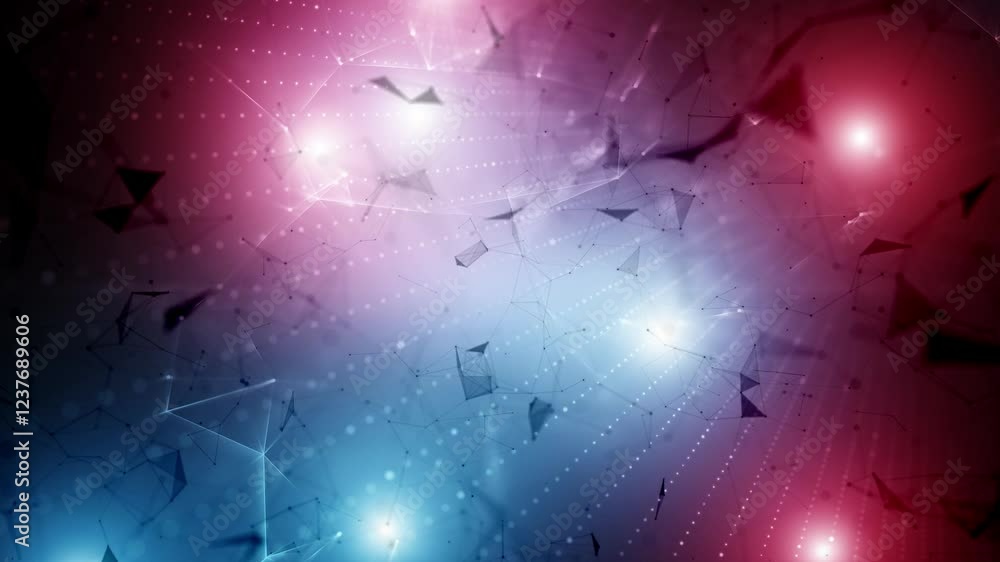 Poster futuristic shiny digital tech network with red blue glowing lights motion loop background.