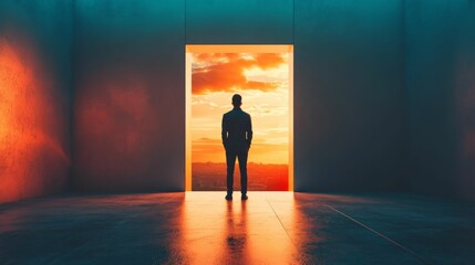 Obraz premium Man stands before a doorway with a glowing light, a concept of opportunity and possibilities.