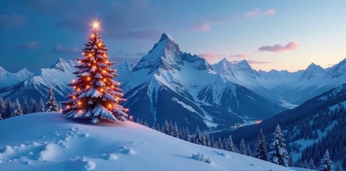 A stunning snow-covered mountain landscape with a glowing Christmas tree at its peak, , snowy, mountain