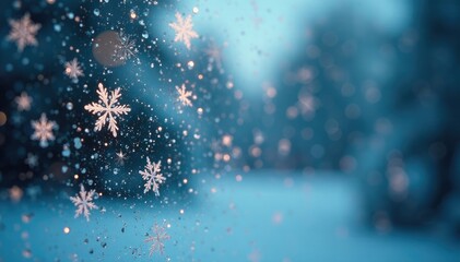 Fototapeta premium Glittering snowflakes on frosted windowpane with subtle reflections, bokeh effect, low key colors
