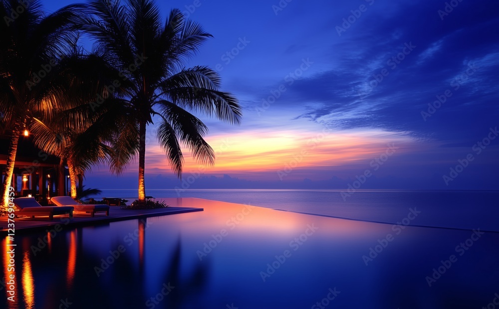 Poster serenity at twilight over a tranquil ocean and infinity pool with palm trees
