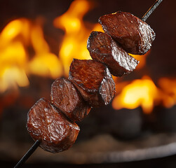 Close-up of grilled shashlik kebab, sizzling over open flames. Dark background, dramatic lighting. Fried meat, meat on a skewer, food cooked over an open fire. High-resolution food photography.