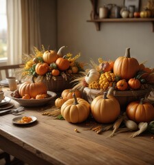 Harvest-themed table centerpiece with pumpkins and corn , harvest, fall, pumpkin
