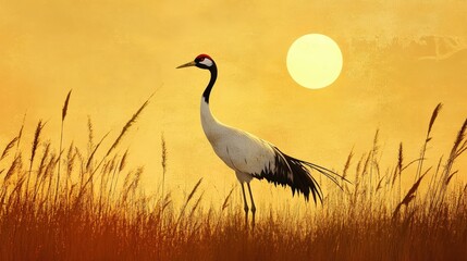 Obraz premium Crane Silhouette at Sunset: A solitary crane stands tall against a vibrant golden sunset, its silhouette framed by tall grasses, creating a serene and captivating image. The sun, a bright disc.