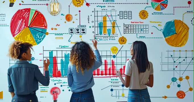 A team collaborates before a dynamic digital whiteboard, where animated charts update in real time. Flickering light bulbs signal new ideas as they gesture, discuss, and take notes, creating a futuris