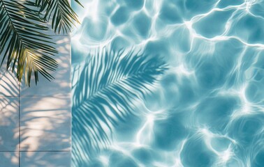 Bright sunlight reflecting in the clear blue water of a pool surrounded by palm leaves