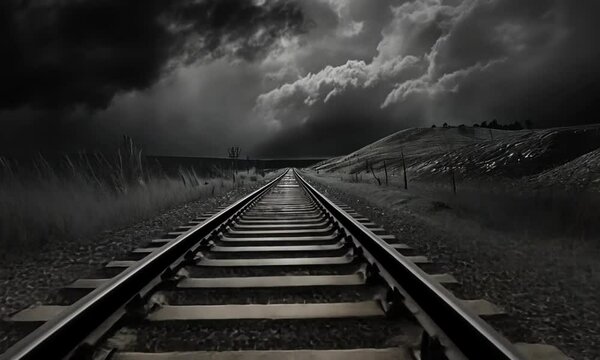 Railroad Tracks Under a Stormy Sky A Dramatic Scene in Black and White