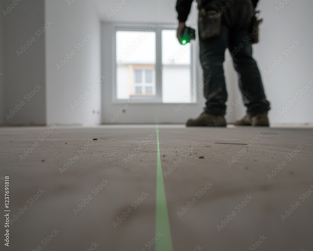 Poster worker using portable green laser level to project vivid lines on floor in empty room, ensuring prec