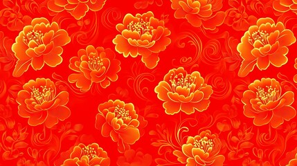 Red Floral Pattern Golden Peonies Chinese Design Festive Background