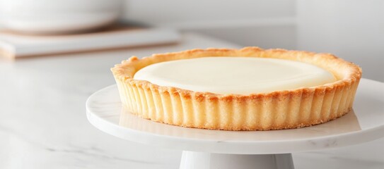 A delicious, creamy cheesecake sits on a white marble pedestal, showcasing its smooth top and golden crust, perfect for dessert lovers.