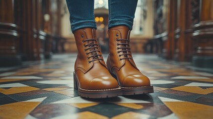 Tan Leather Boots on Geometric Floor
