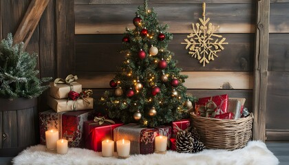 Festive Christmas Tree Decorated With Gifts And Candles