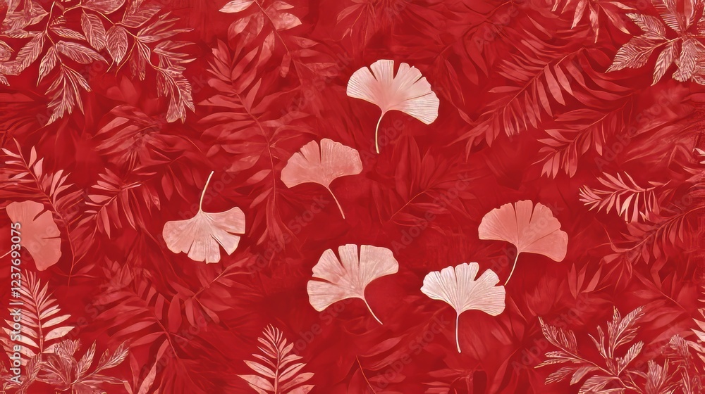 Poster red ginkgo and fern leaf botanical print design