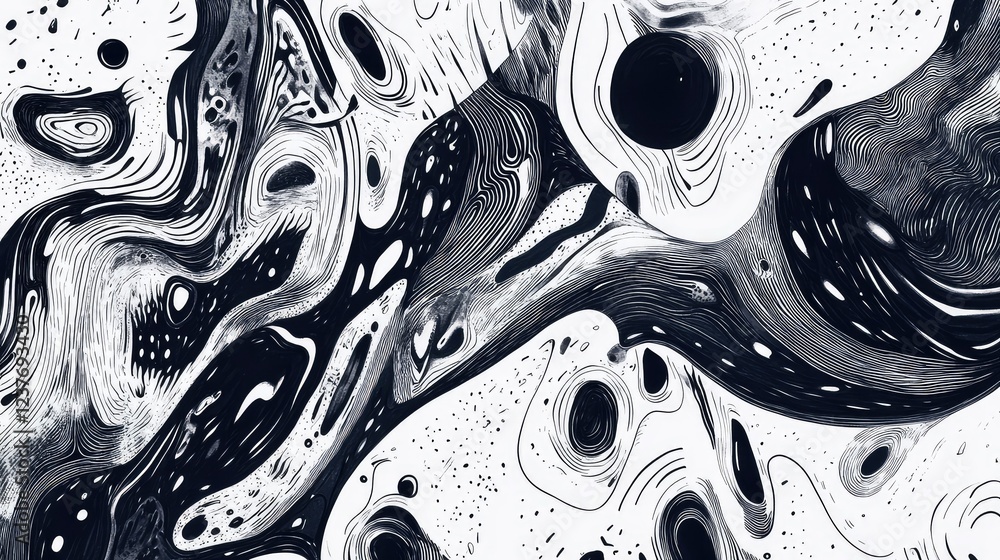 Poster unique ink-drawn pattern with a mix of organic and geometric abstract elements