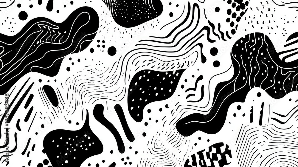 Poster unique ink-drawn pattern with a mix of organic and geometric abstract elements