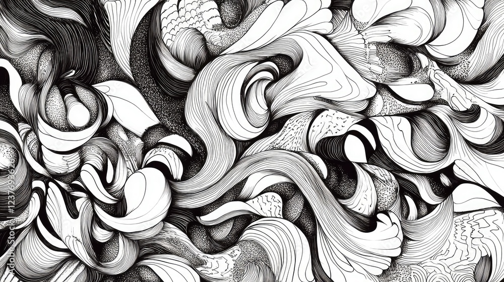 Poster unique ink-drawn pattern with a mix of organic and geometric abstract elements