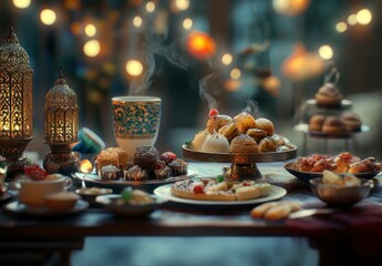 Obraz premium 3D render of an Arabic table with many dishes, fried chicken and spiced meatballs, Ramadan atmosphere, lantern in the background, Ramadan food concept, Ramadan Iftar