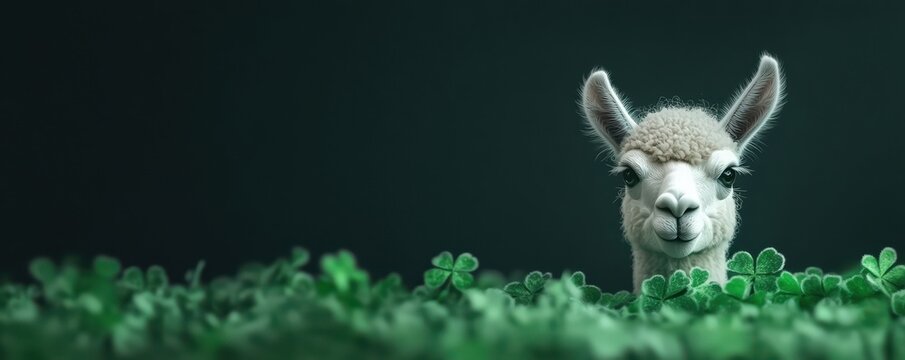 A curious llama peeks over a lush bed of clover in a dark background, creating a charming and playful scene.