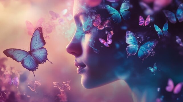 Surreal artwork of a woman with butterflies, representing freedom and transformation.