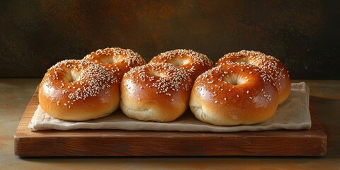 Freshly baked sesame bagels displayed on a wooden board, showcasing their golden-brown crust and soft texture.