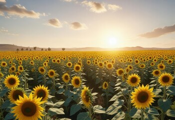 Obraz premium Large sunflower field with tall yellow flowers swaying in the summer breeze, golden, sunny, sunshine