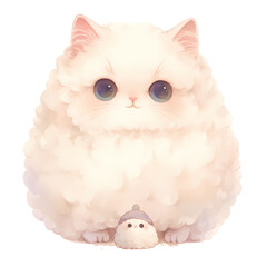 Adorable fluffy white kitten with a tiny friend. Soft pastel colors and a cuddly vibe.