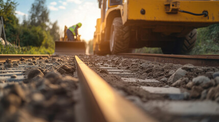 Railway maintenance crew working on new tracks with heavy machinery. scene captures dedication and effort involved in ensuring safe transportation