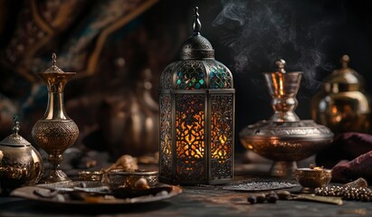 A beautiful Ramadan lantern is placed on the table, surrounded by an antique lamp and some Arabic items, creating a warm atmosphere. The background features dark tones with blurred lights